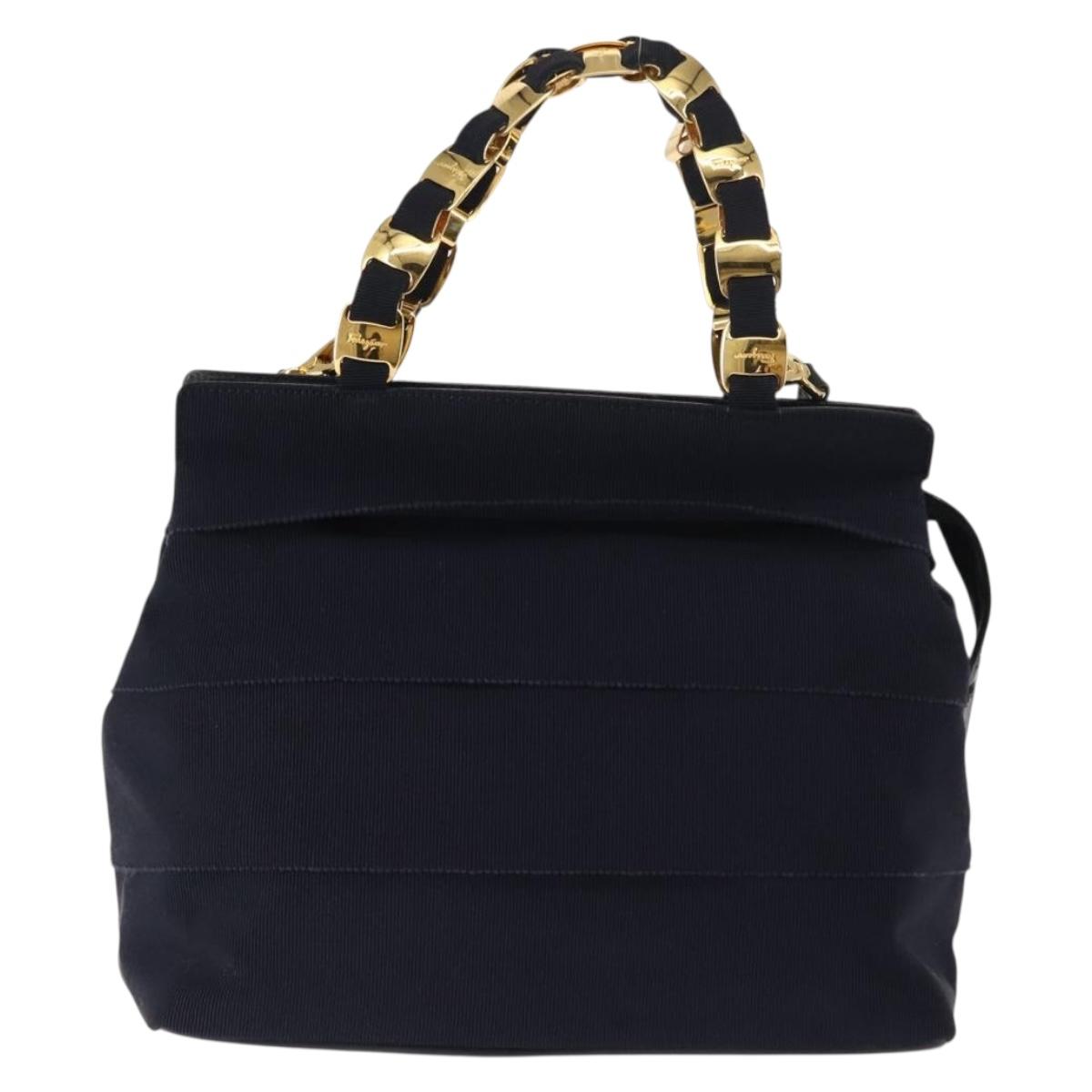 Salvatore Ferragamo Vala Hand Bag Canvas 2way Navy Gold Auth BA6589