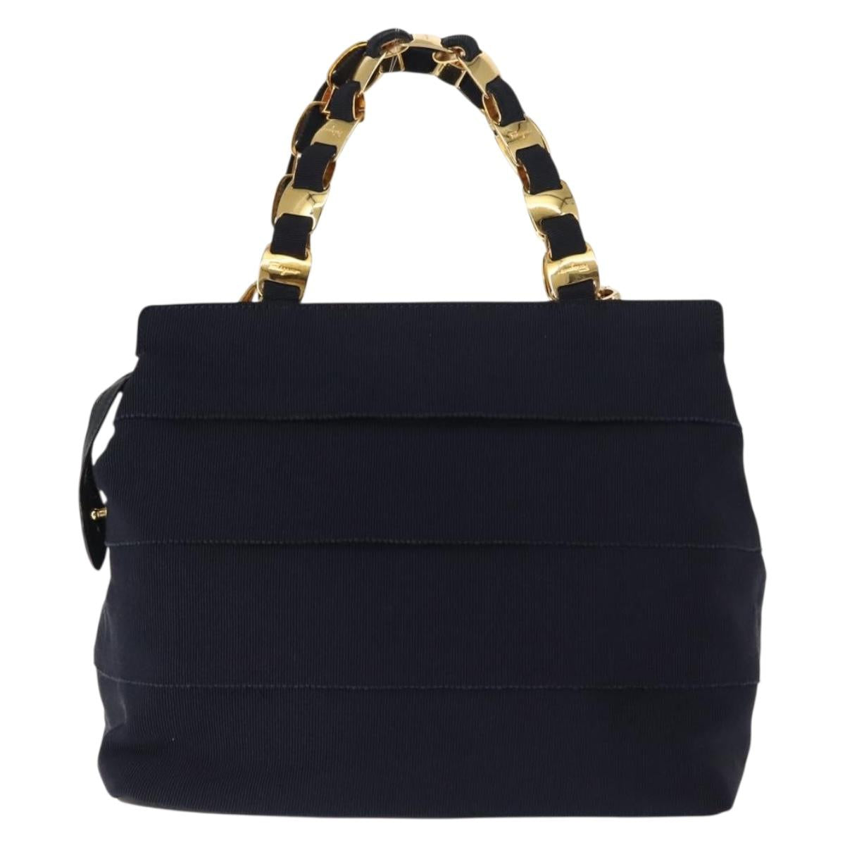 Salvatore Ferragamo Vala Hand Bag Canvas 2way Navy Gold Auth BA6589
