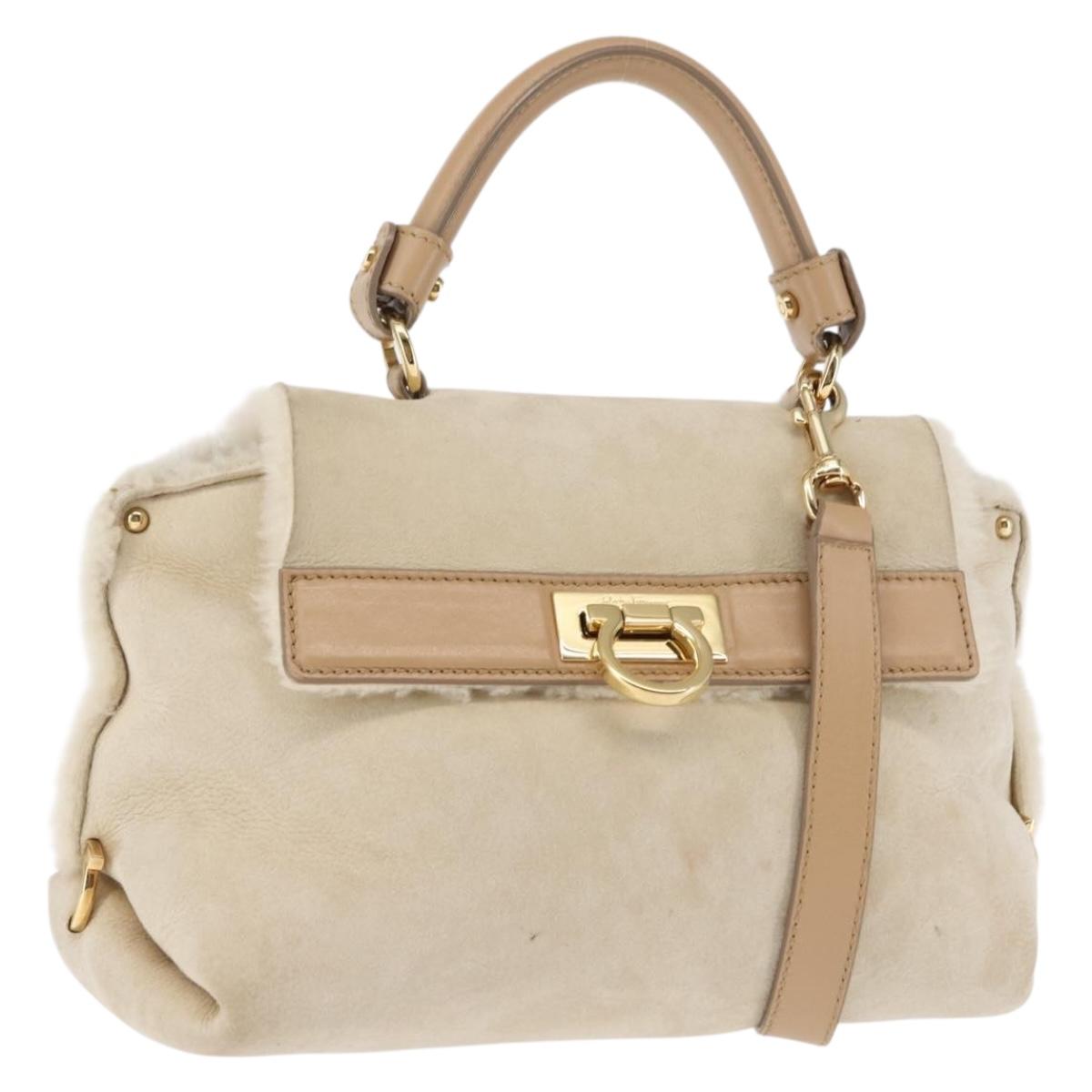 Salvatore Ferragamo Gancini Hand Bag Mouton 2way Beige Gold Auth BA6590