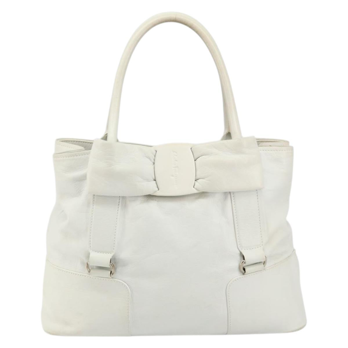 Salvatore Ferragamo Vala Tote Bag Leather White Gold Auth BA6591