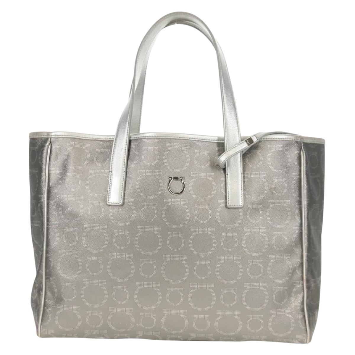 Salvatore Ferragamo Gancini Tote Bag Leather Silver Auth BA6592
