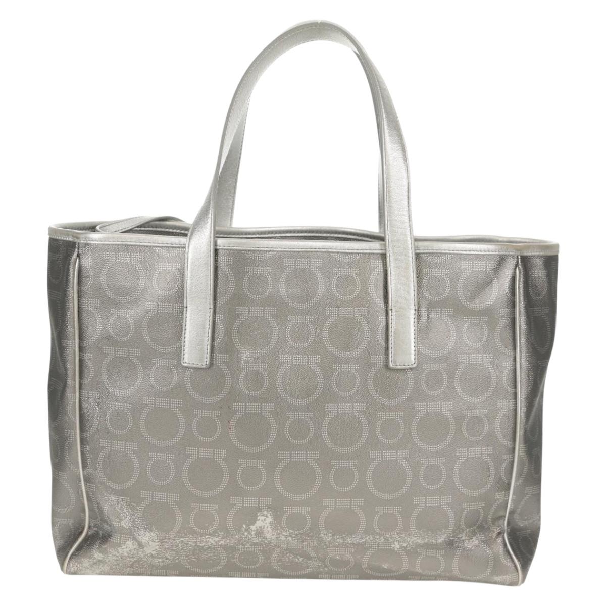Salvatore Ferragamo Gancini Tote Bag Leather Silver Auth BA6592