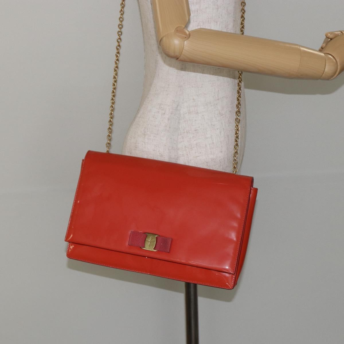 Salvatore Ferragamo Chain Vala Shoulder Bag Enamel Orange Gold Auth BA6593