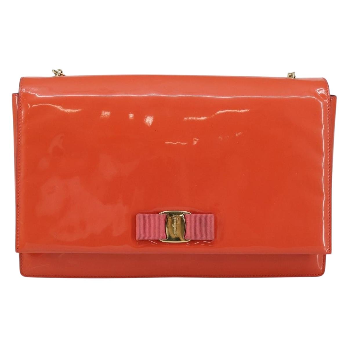 Salvatore Ferragamo Chain Vala Shoulder Bag Enamel Orange Gold Auth BA6593