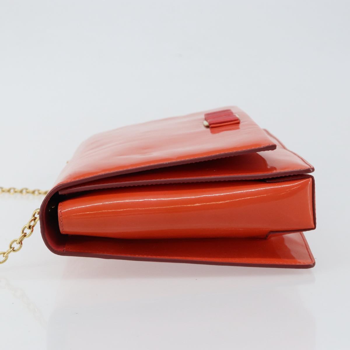 Salvatore Ferragamo Chain Vala Shoulder Bag Enamel Orange Gold Auth BA6593