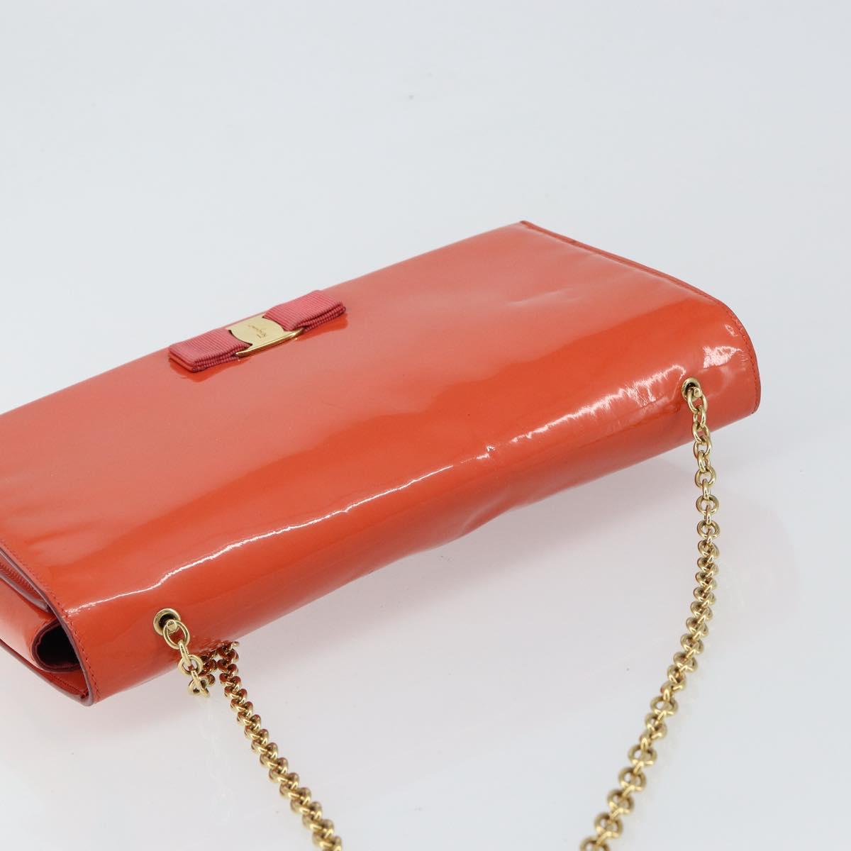 Salvatore Ferragamo Chain Vala Shoulder Bag Enamel Orange Gold Auth BA6593