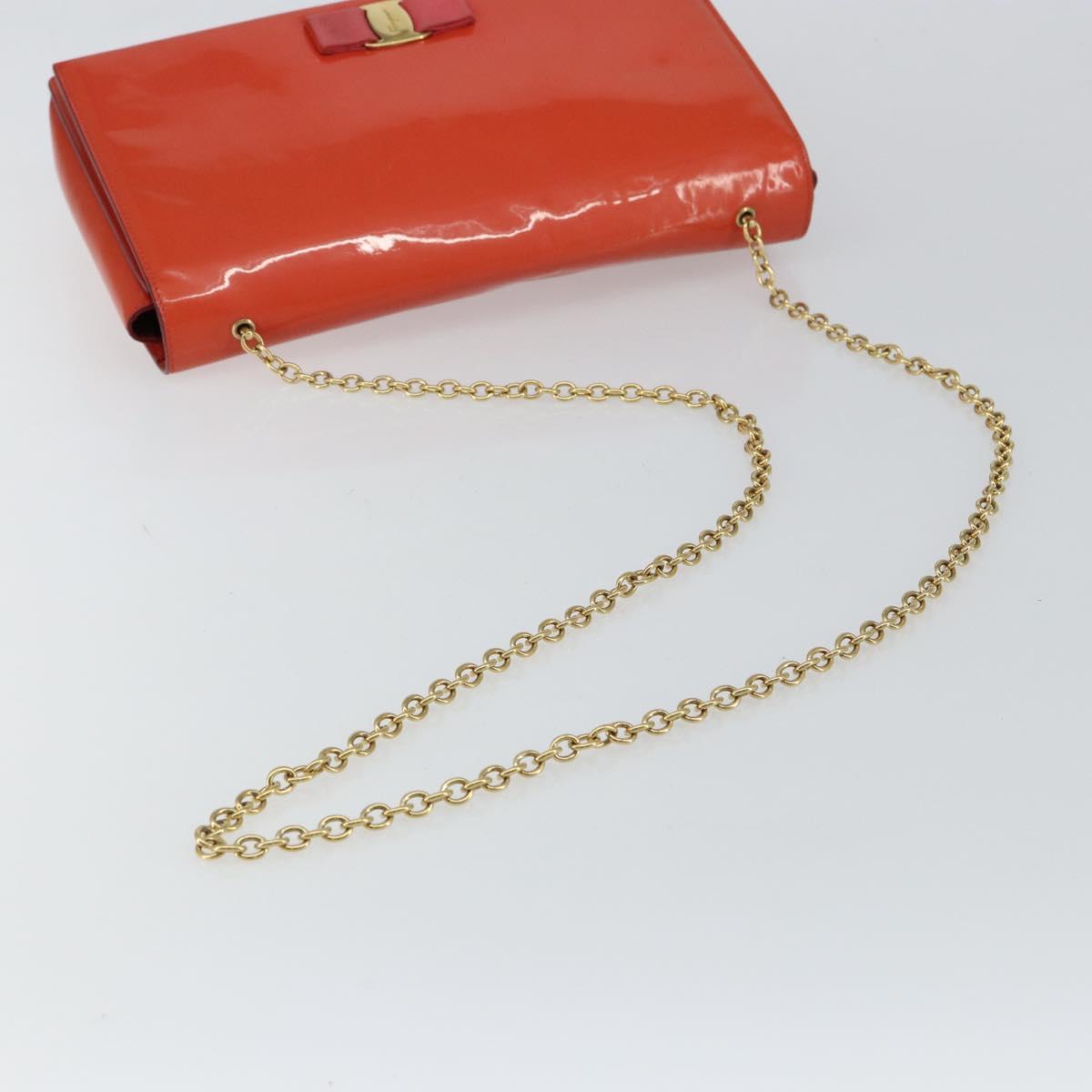 Salvatore Ferragamo Chain Vala Shoulder Bag Enamel Orange Gold Auth BA6593