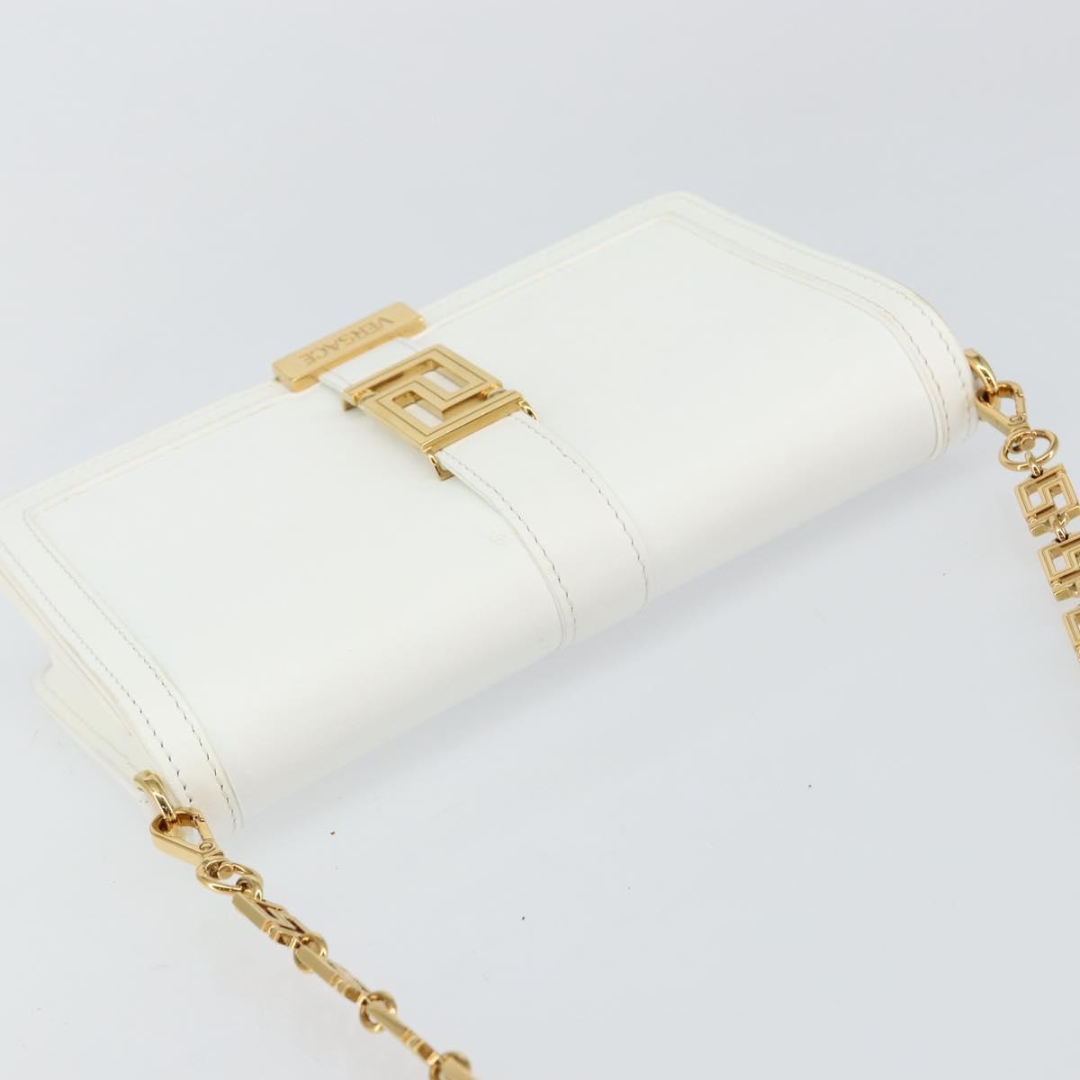 VERSACE Chain Shoulder Bag Leather White Gold Auth BA6599