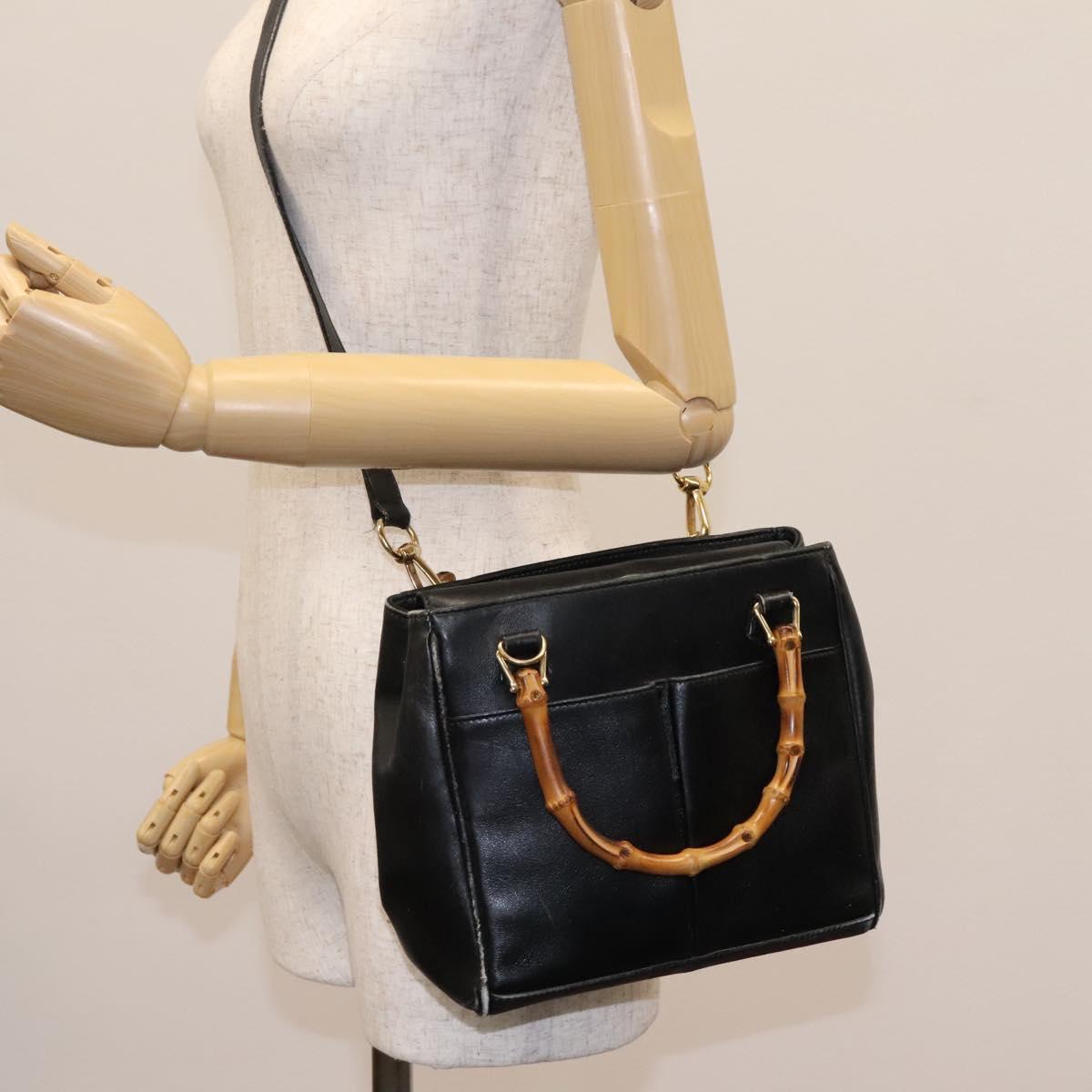 GUCCI Bamboo Hand Bag Leather 2way Black Gold 000 2122 0316 Auth BA660