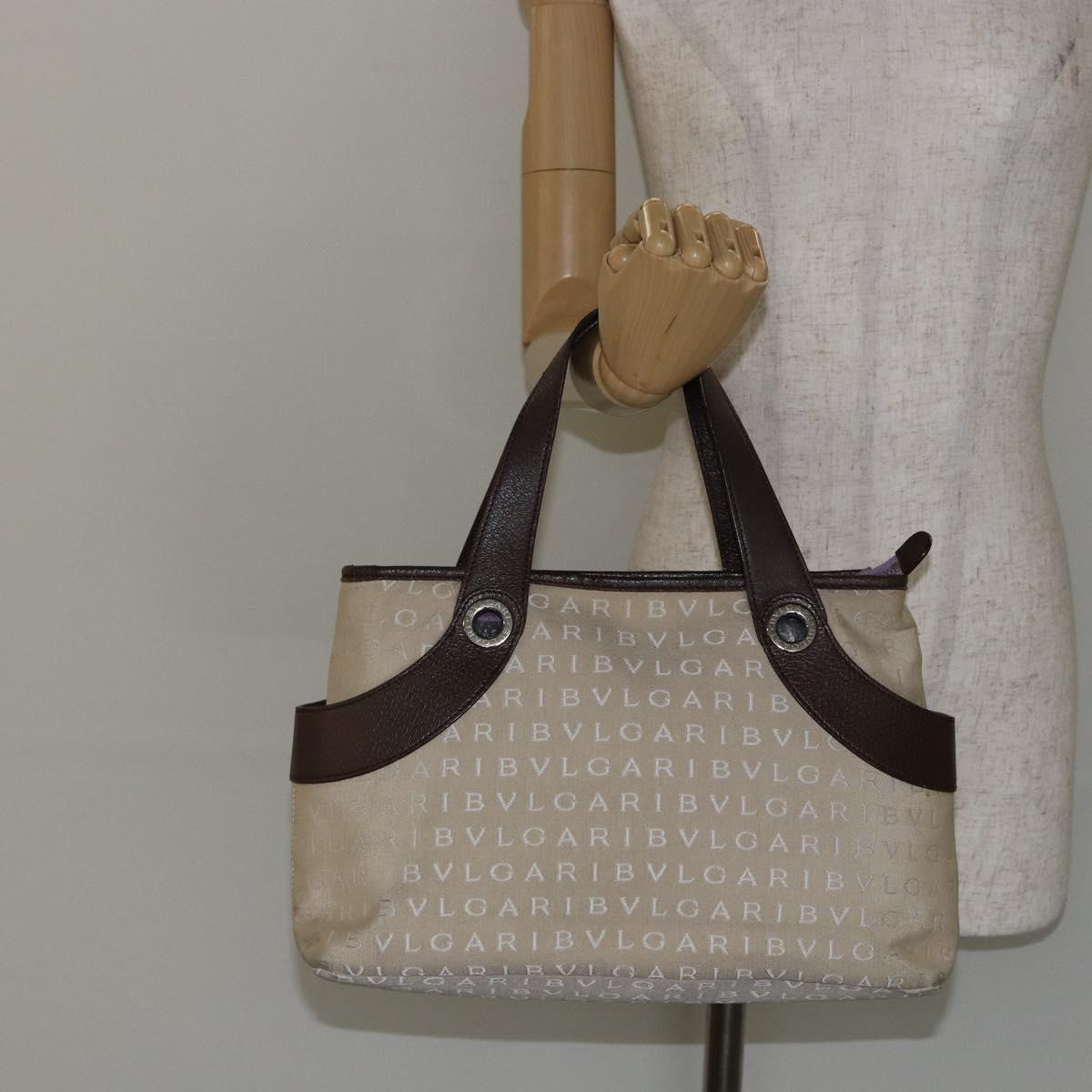 BVLGARI Logo Mania Hand Bag Canvas Beige Silver Auth BA6603