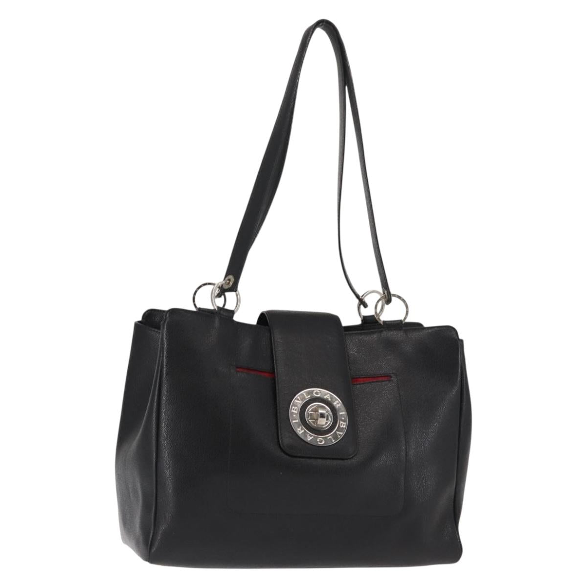 BVLGARI Circle Logo Tote Bag Leather Black Silver Auth BA6604