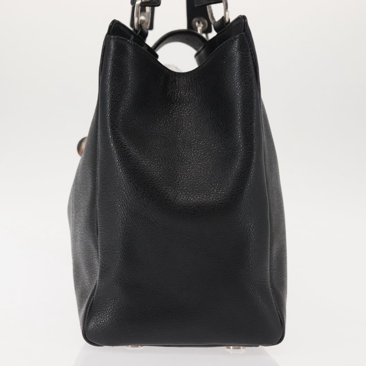 BVLGARI Circle Logo Tote Bag Leather Black Silver Auth BA6604