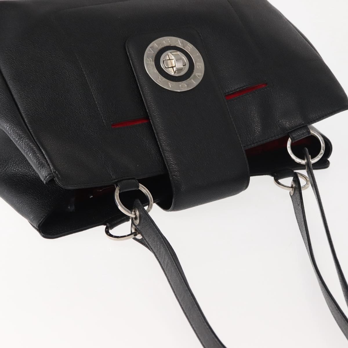 BVLGARI Circle Logo Tote Bag Leather Black Silver Auth BA6604