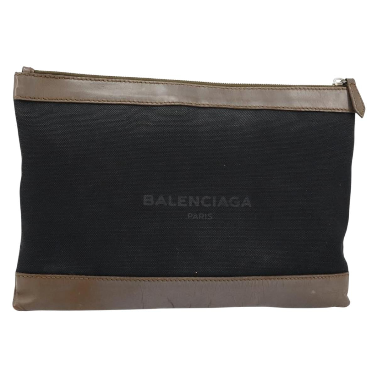 BALENCIAGA Navy Clip M Pouch Canvas Leather Black Silver Auth BA6615