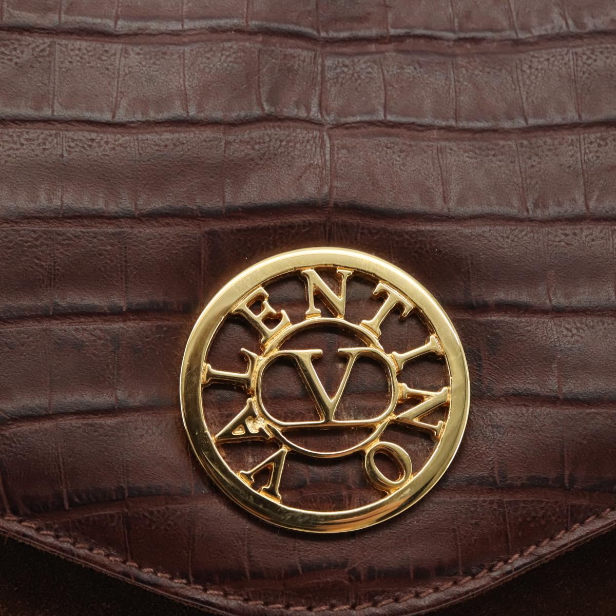 VALENTINO Embossing Shoulder Bag Suede Leather Brown Gold Auth BA6617