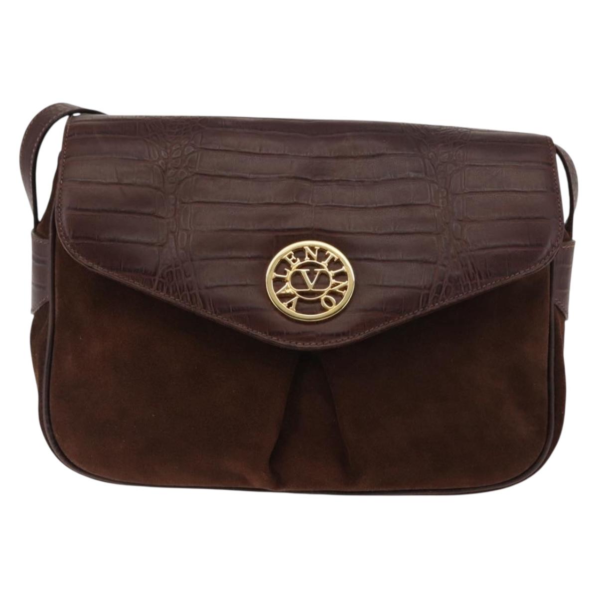VALENTINO Embossing Shoulder Bag Suede Leather Brown Gold Auth BA6617