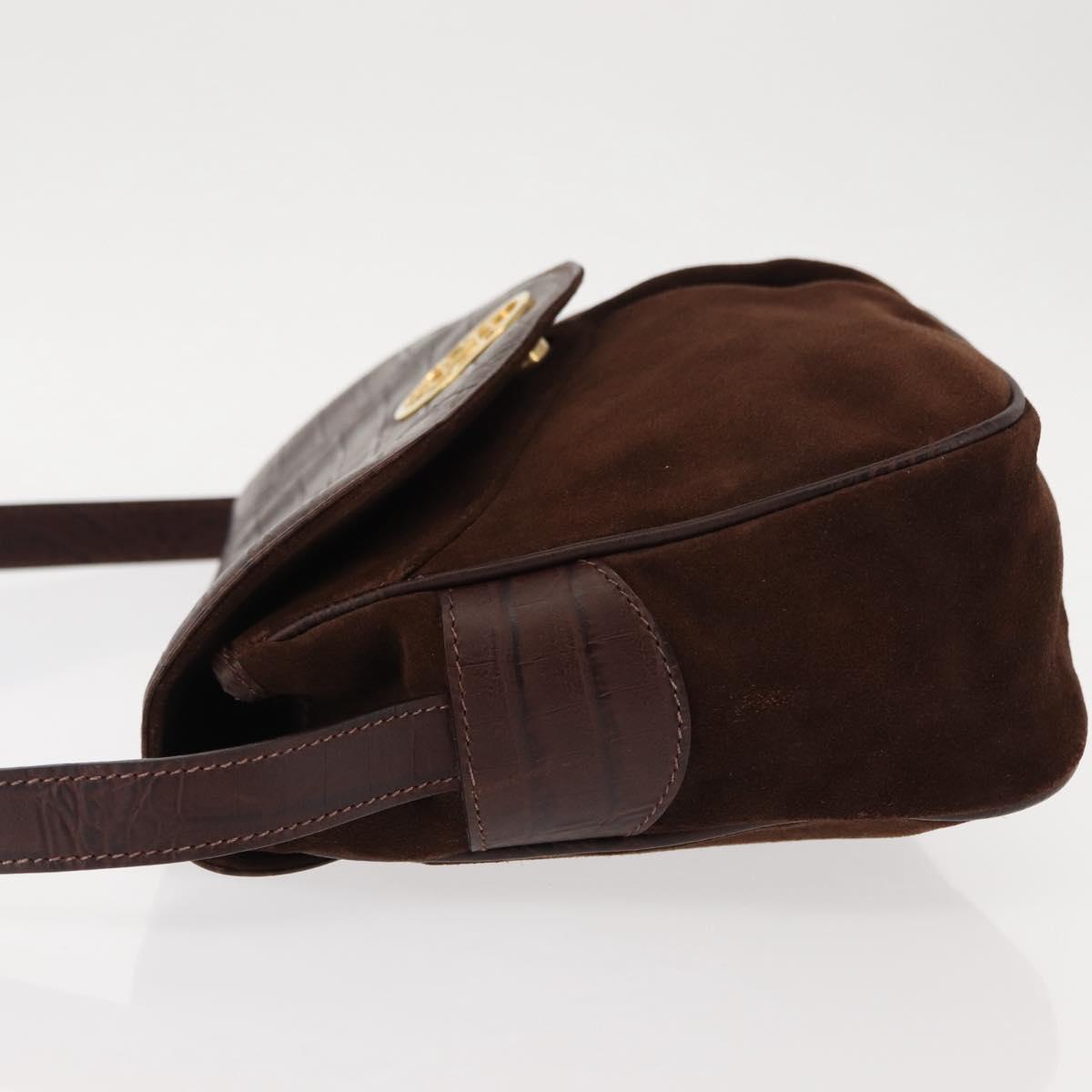 VALENTINO Embossing Shoulder Bag Suede Leather Brown Gold Auth BA6617