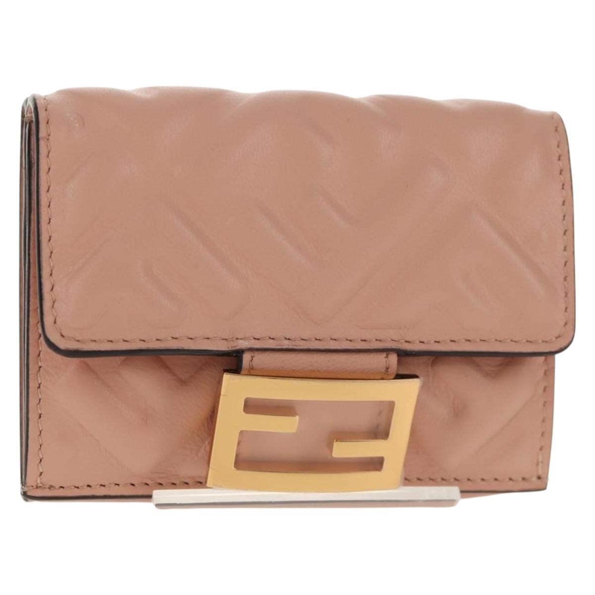 FENDI Zucca Canvas Trifold Wallet Leather Pink Gold Auth BA6630M
