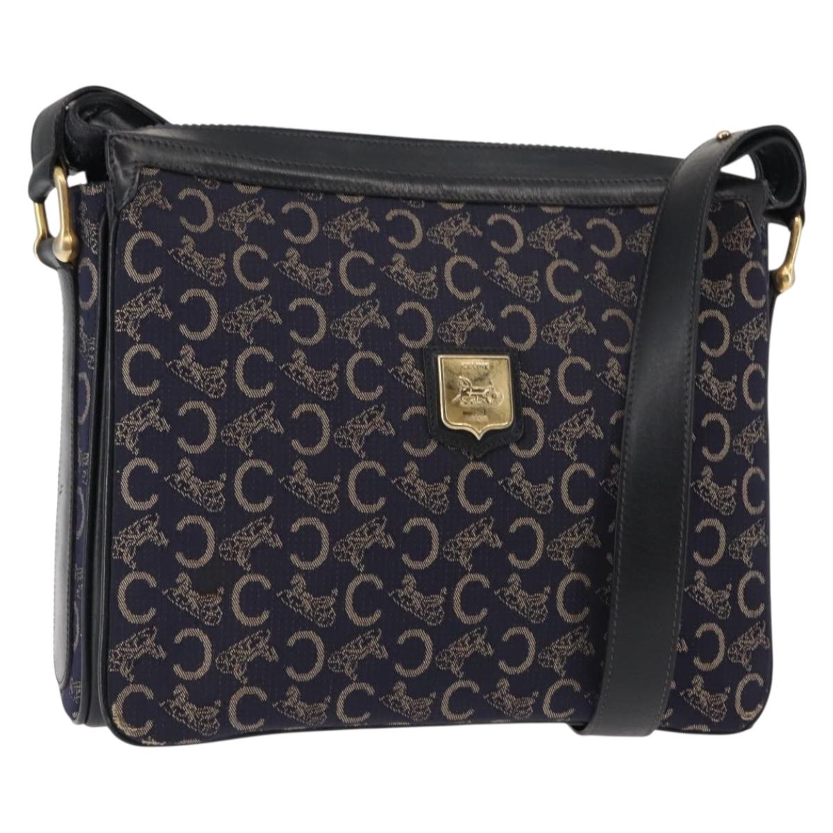 CELINE C Sulky Shoulder Bag Canvas Navy Gold Auth BA6726