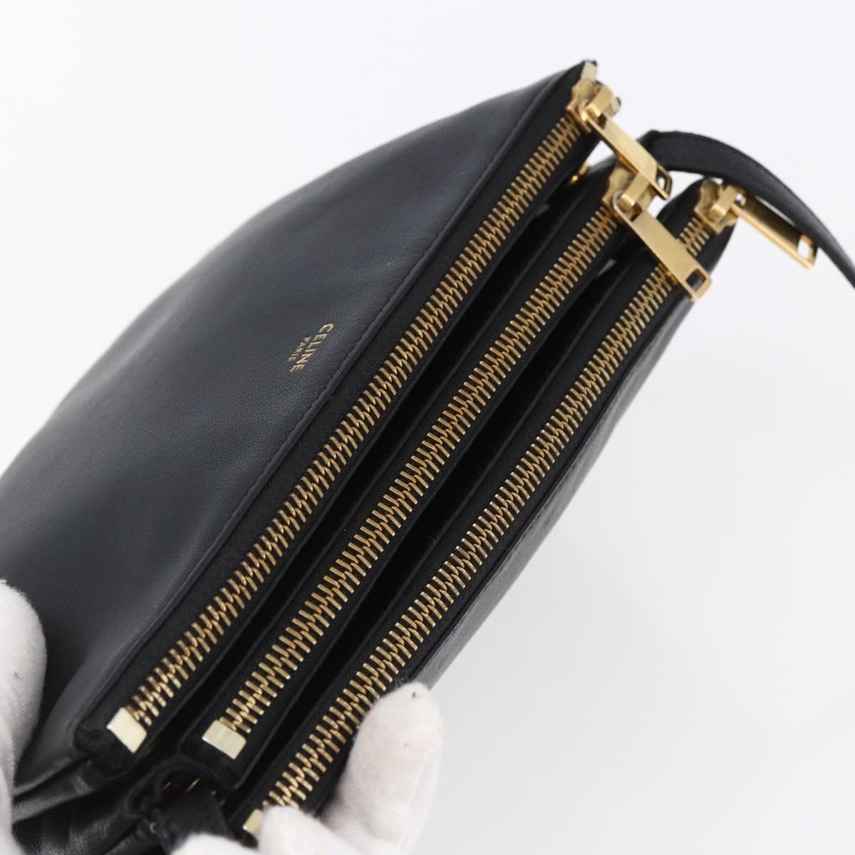 CELINE Trio Small Shoulder Bag Leather Black Gold Auth BA6727