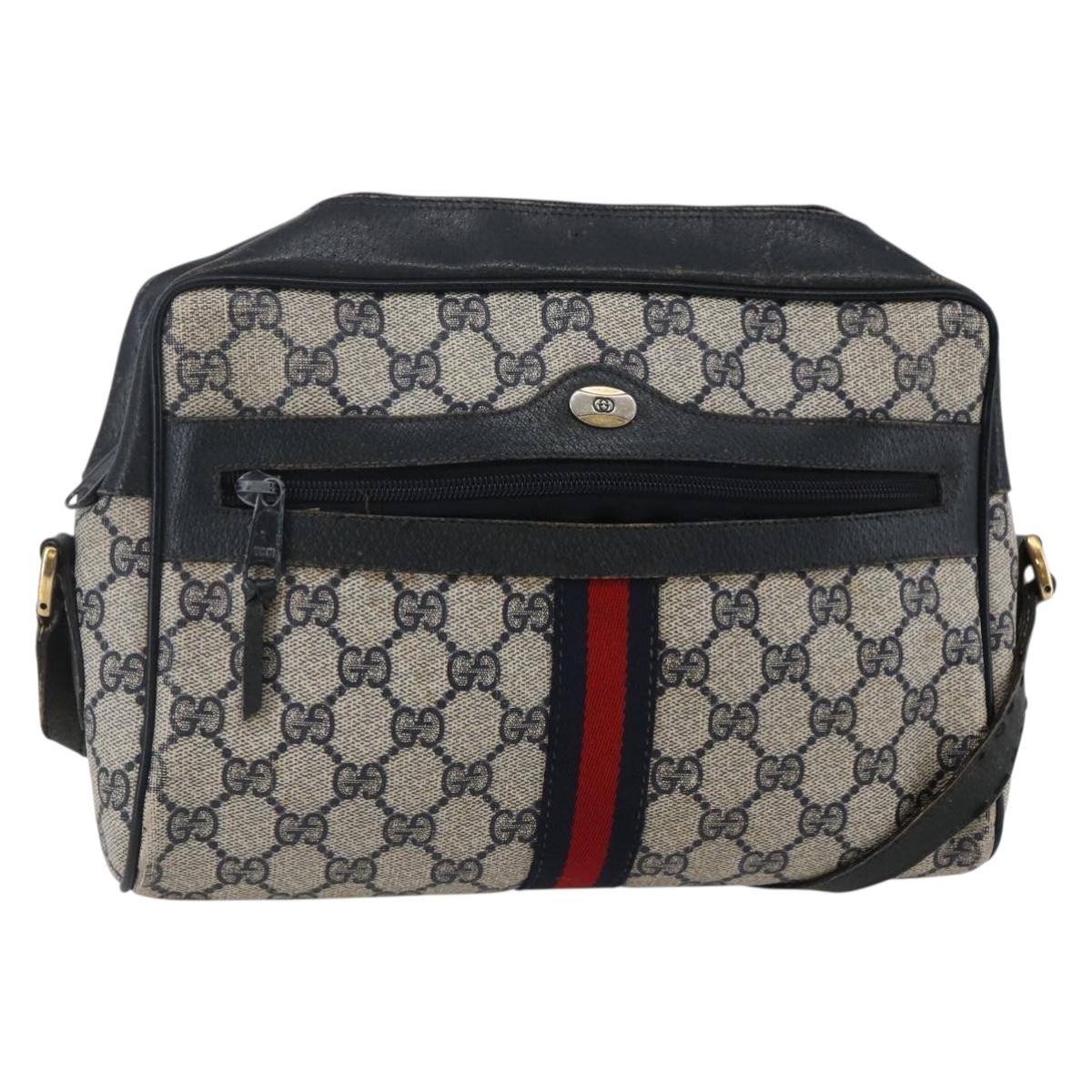 GUCCI GG Canvas Sherry Line Shoulder Bag PVC Leather Navy Red Auth BA6760