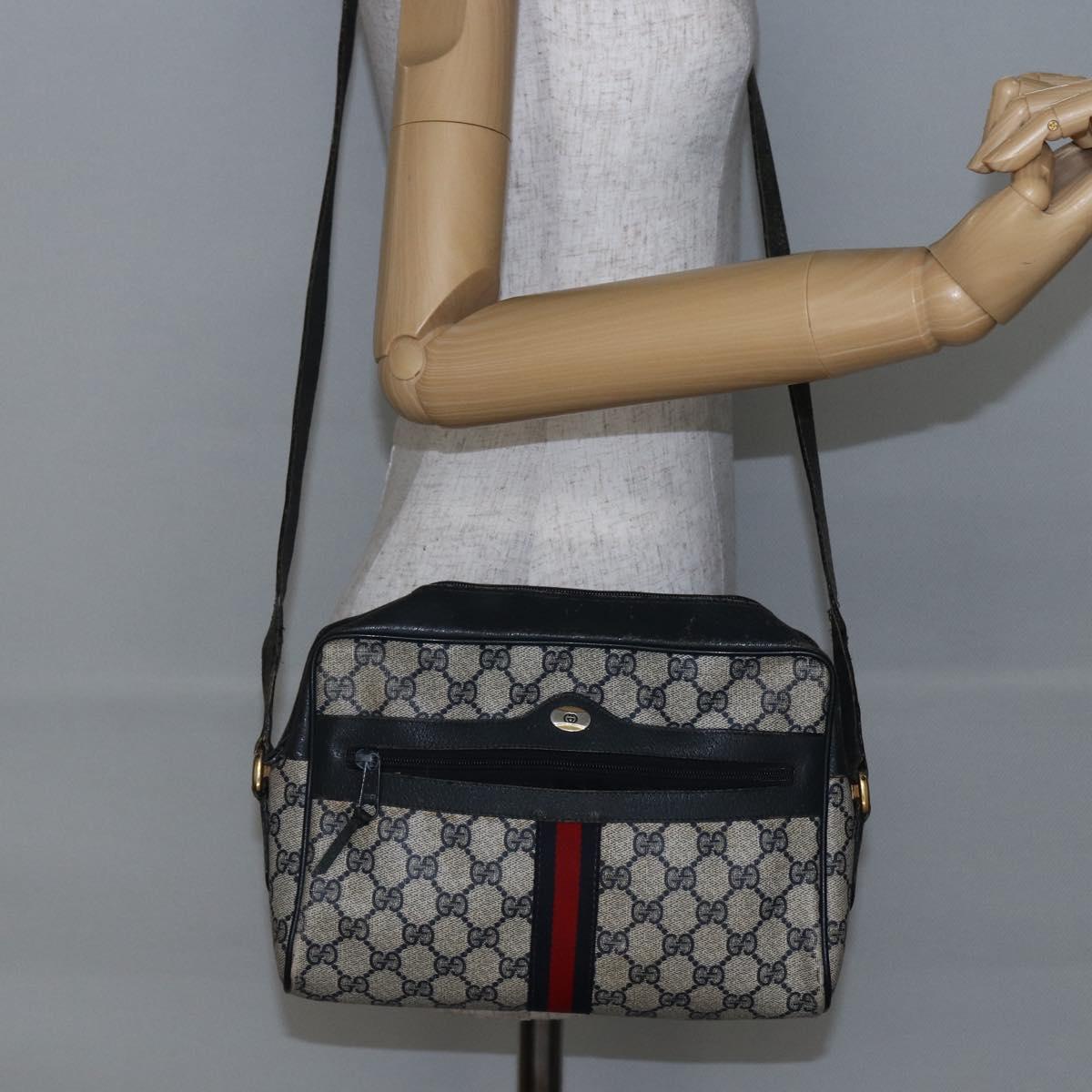 GUCCI GG Canvas Sherry Line Shoulder Bag PVC Leather Navy Red Auth BA6760