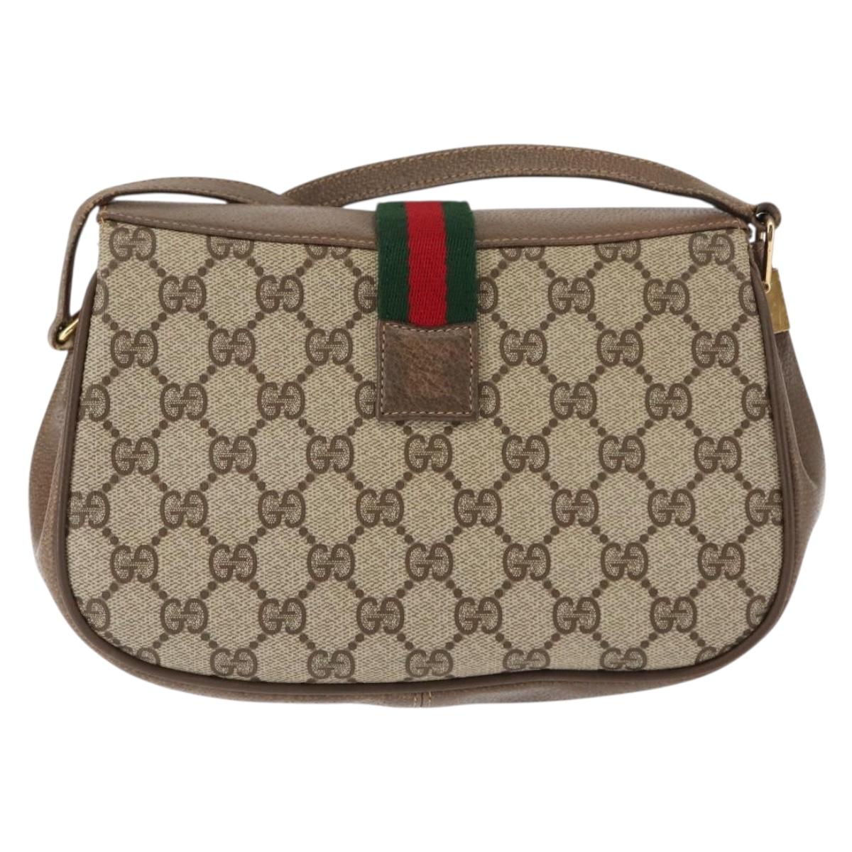GUCCI GG Canvas Web Sherry Line Shoulder Bag PVC Leather Beige Green Auth BA6763