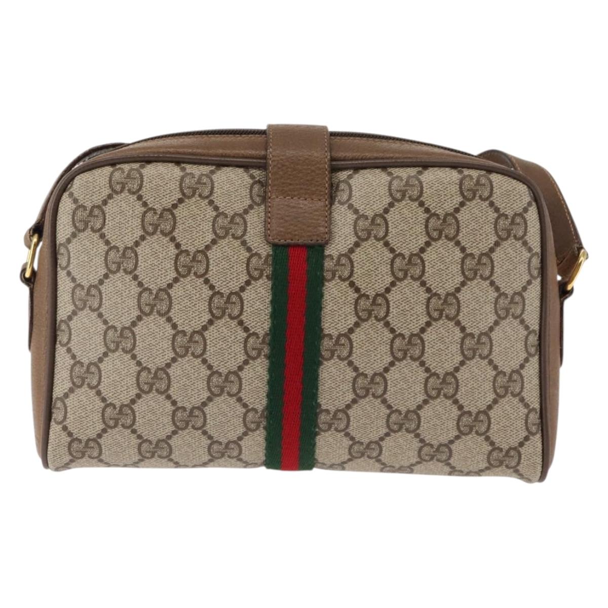 GUCCI GG Canvas Web Sherry Line Shoulder Bag PVC Leather Beige Green Auth BA6764