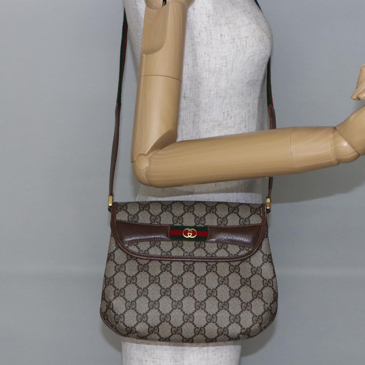 GUCCI GG Canvas Web Sherry Line Shoulder Bag PVC Leather Beige Green Auth BA6766