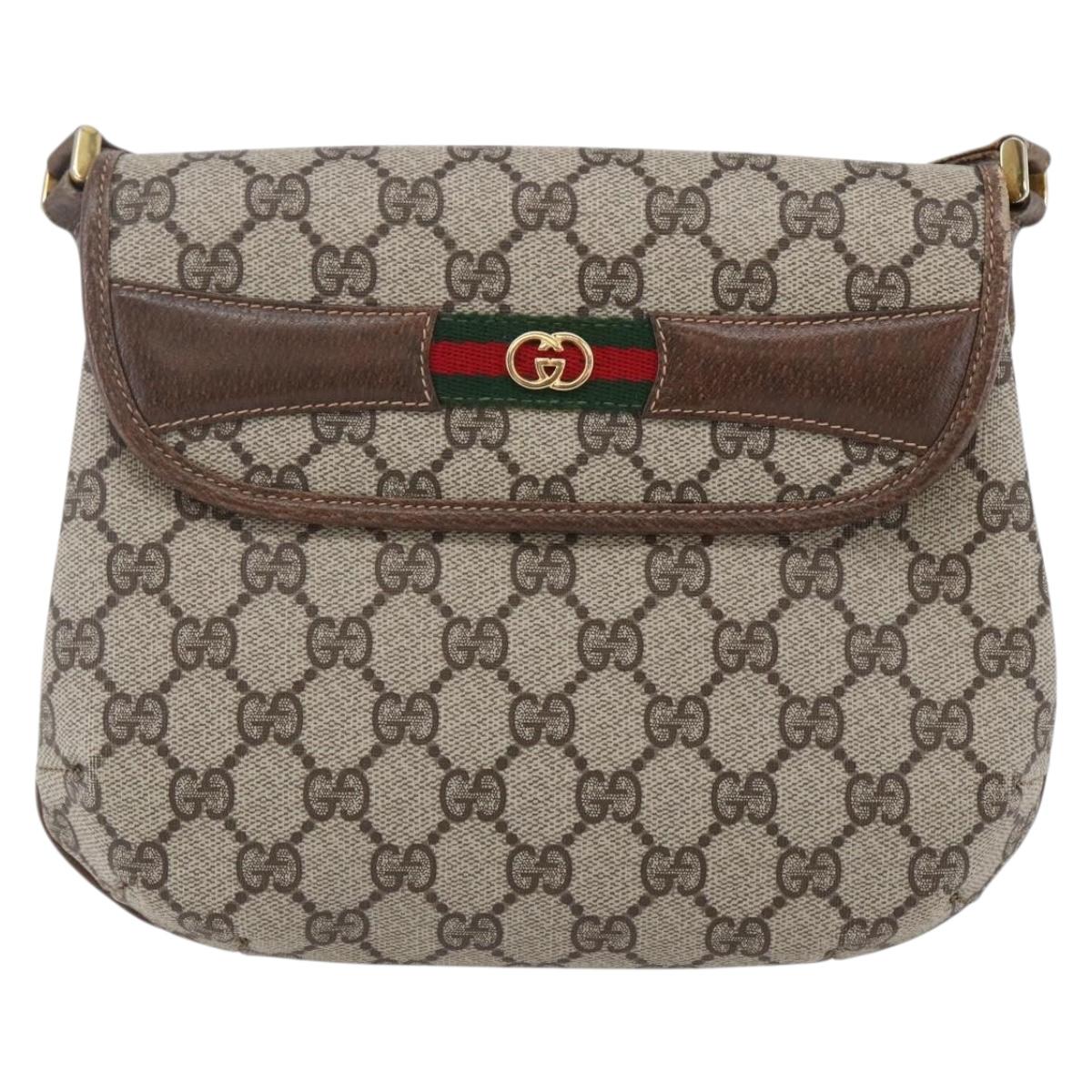 GUCCI GG Canvas Web Sherry Line Shoulder Bag PVC Leather Beige Green Auth BA6766