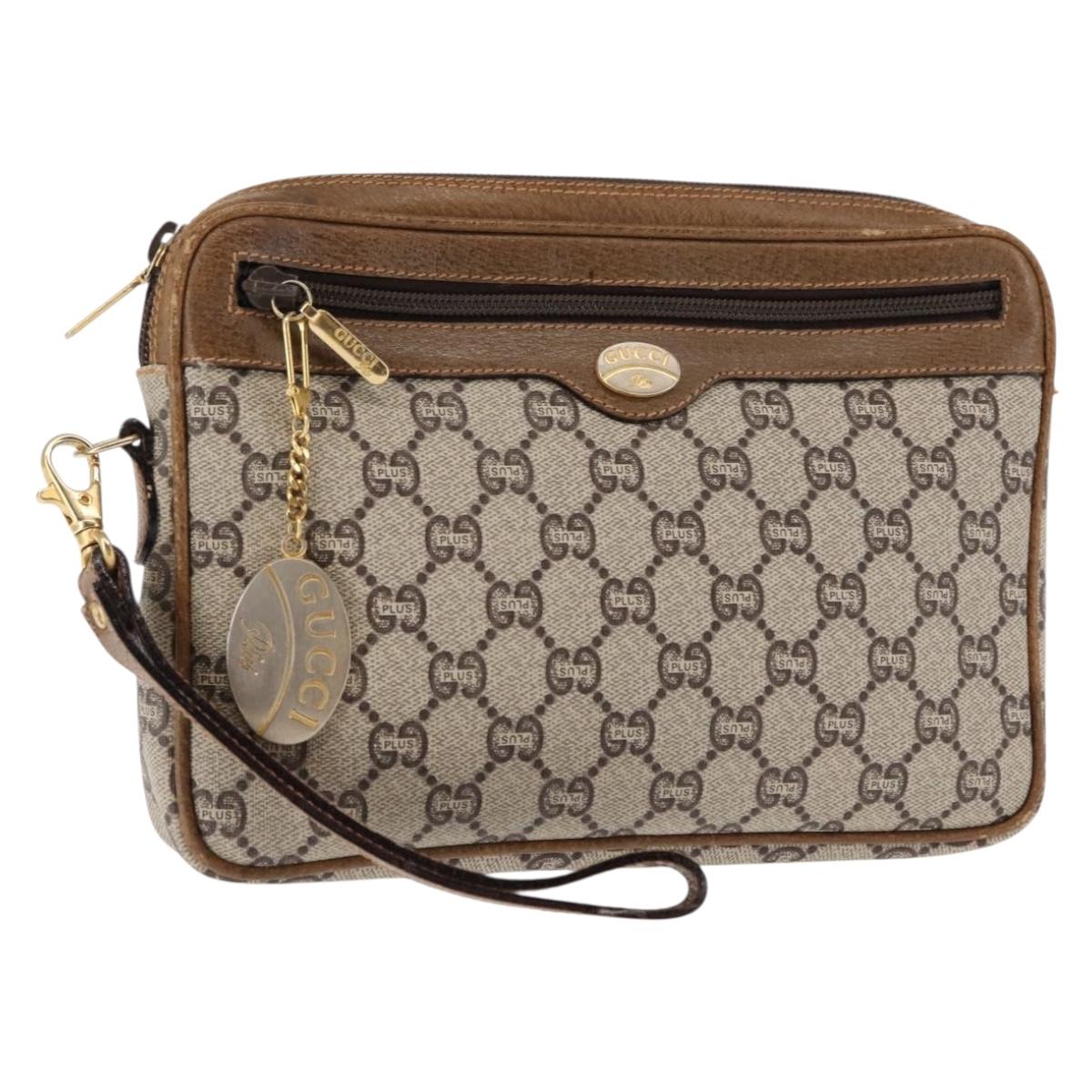 GUCCI GG PLUS Canvas Clutch Bag PVC Leather Beige Auth BA6769