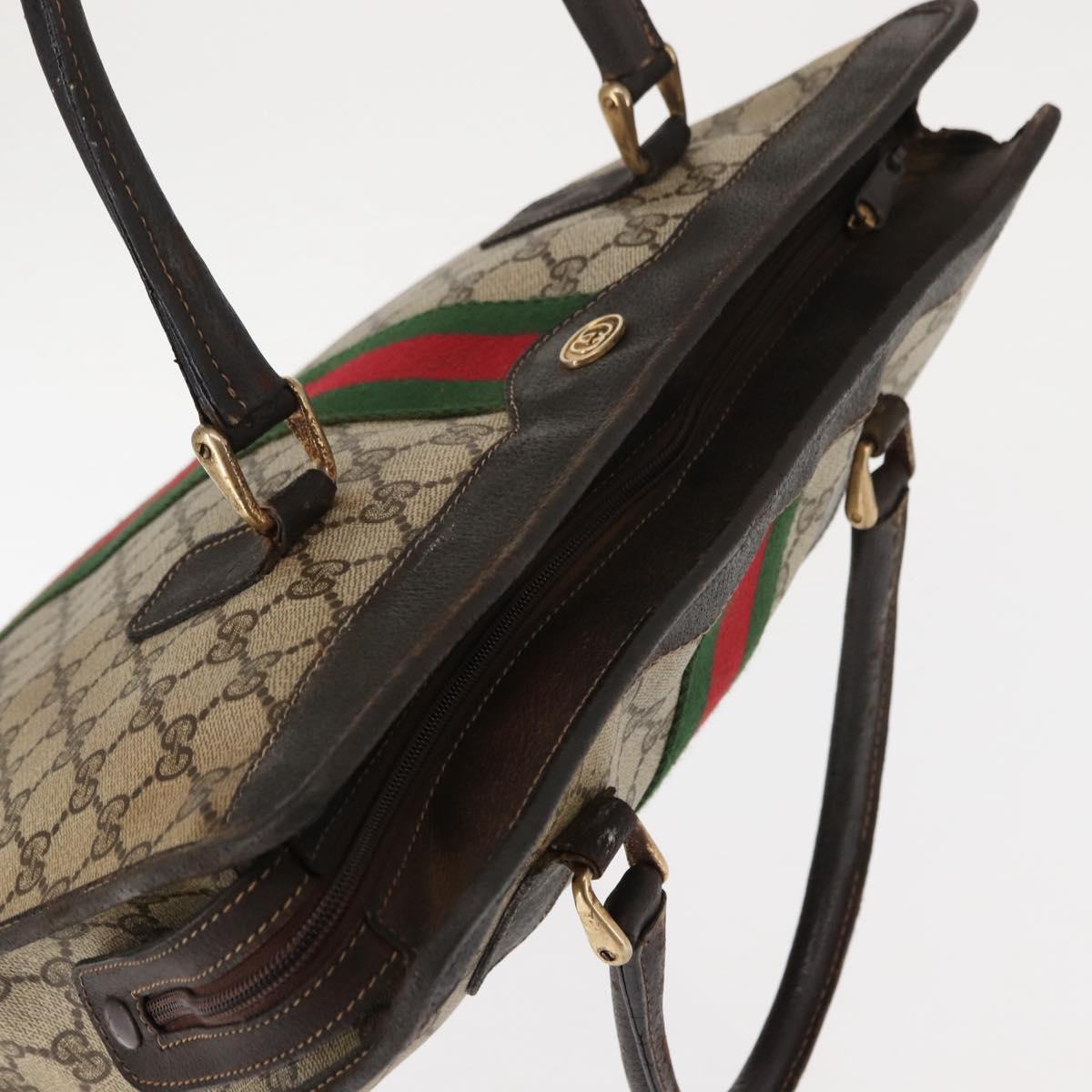 GUCCI GG Supreme Web Sherry Line Hand Bag PVC Beige Gold Auth BA6782