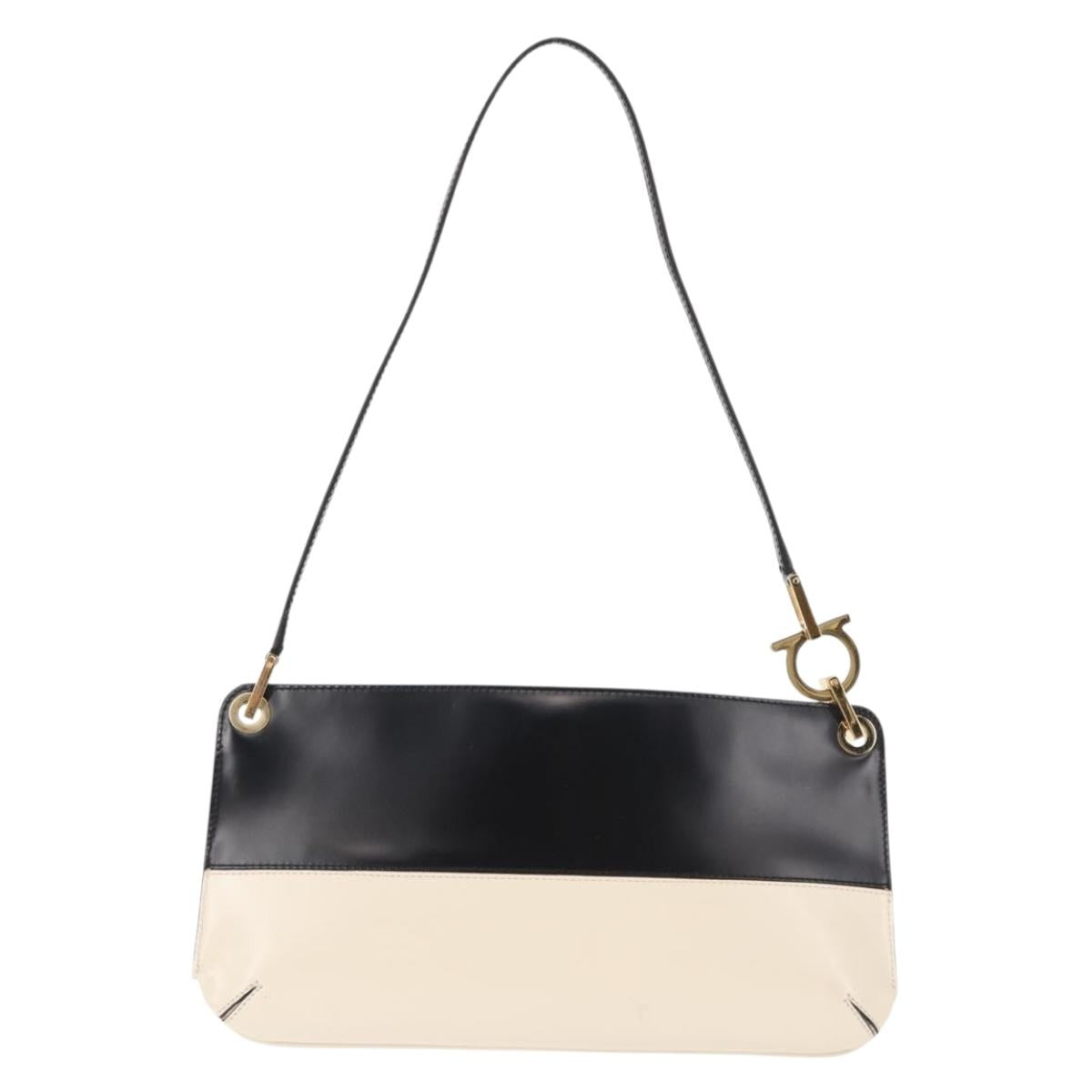 Salvatore Ferragamo Gancini Shoulder Bag Leather Black White Auth BA6797