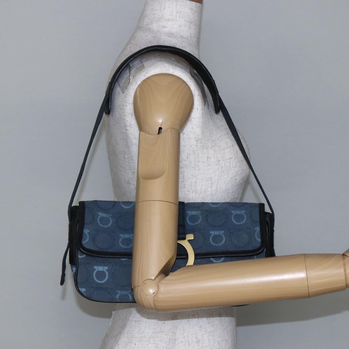 Salvatore Ferragamo Gancini Shoulder Bag Canvas Blue Auth BA6804