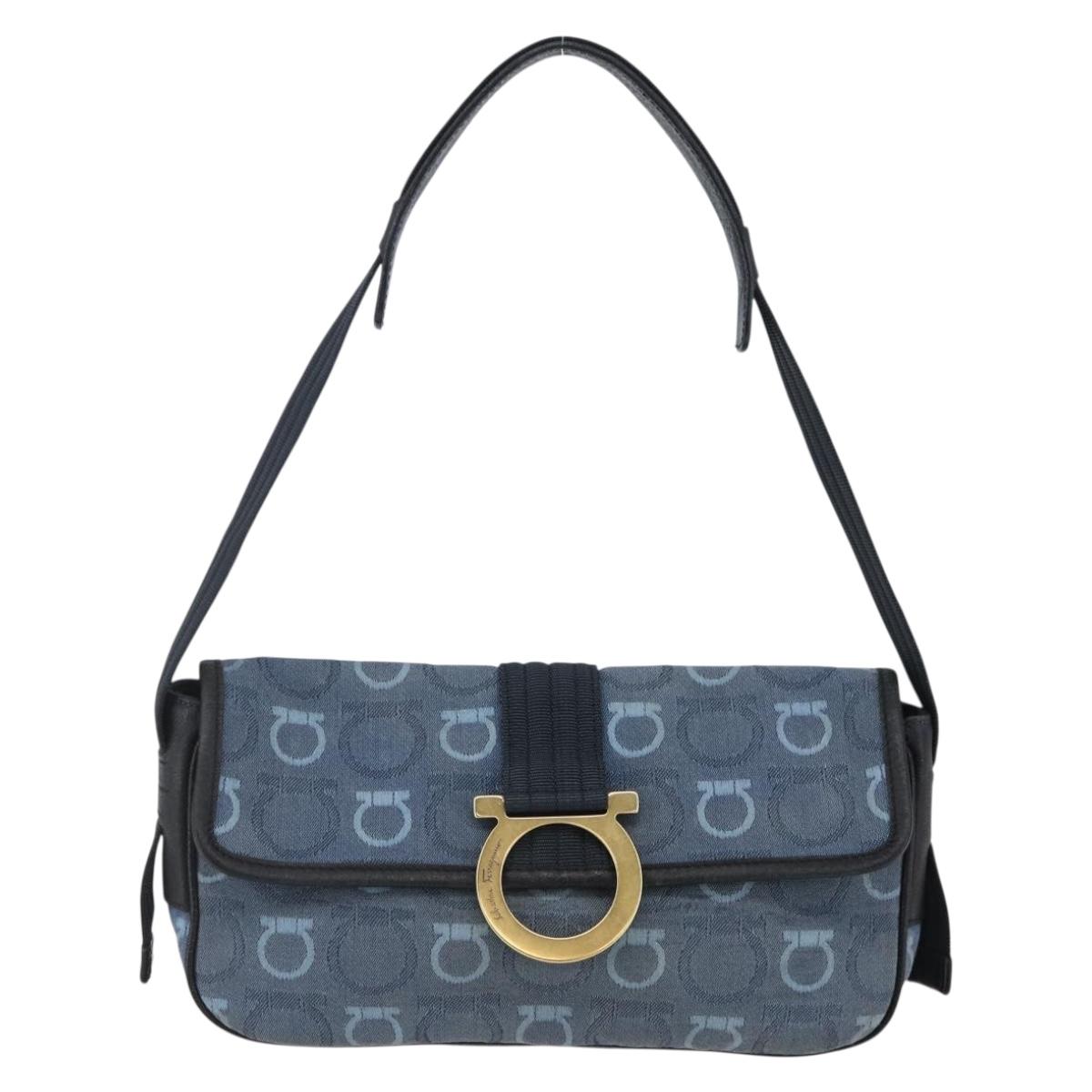 Salvatore Ferragamo Gancini Shoulder Bag Canvas Blue Auth BA6804