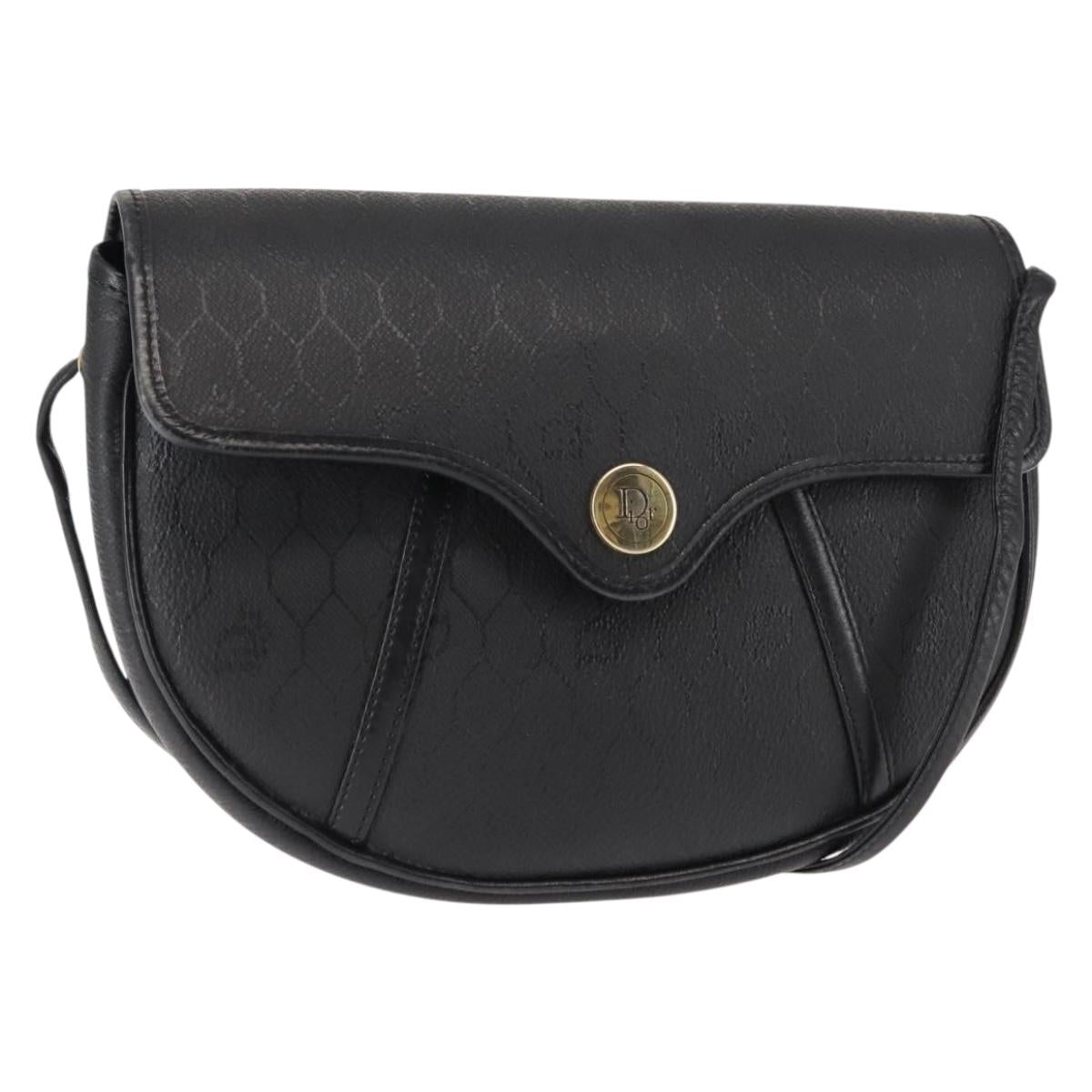 Christian Dior Honeycomb Canvas Shoulder Bag PVC Leather Black Auth BA6817