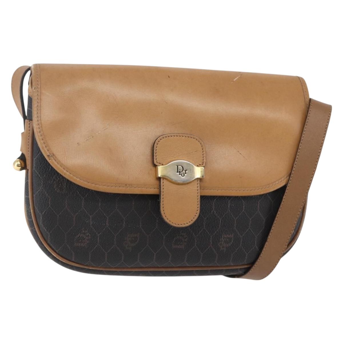 Christian Dior Honeycomb Canvas Shoulder Bag PVC Leather Black Auth BA6820