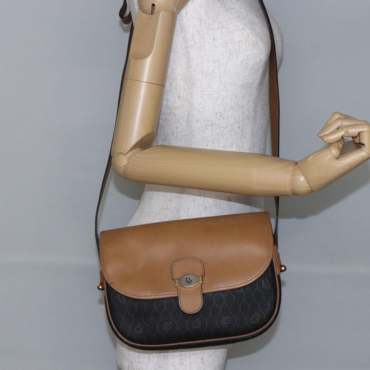 Christian Dior Honeycomb Canvas Shoulder Bag PVC Leather Black Auth BA6820