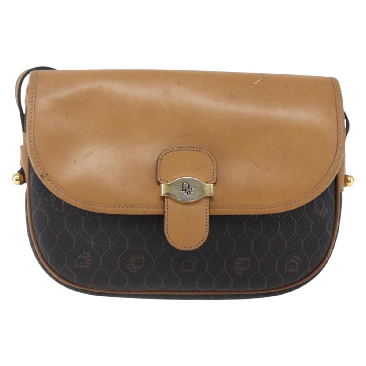 Christian Dior Honeycomb Canvas Shoulder Bag PVC Leather Black Auth BA6820