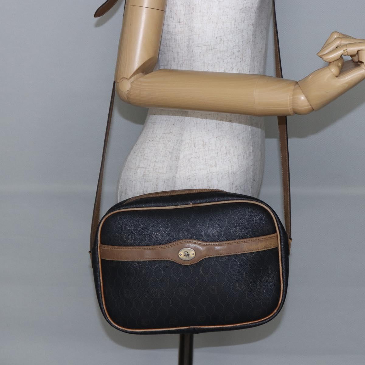 Christian Dior Honeycomb Canvas Shoulder Bag PVC Leather Black Auth BA6821