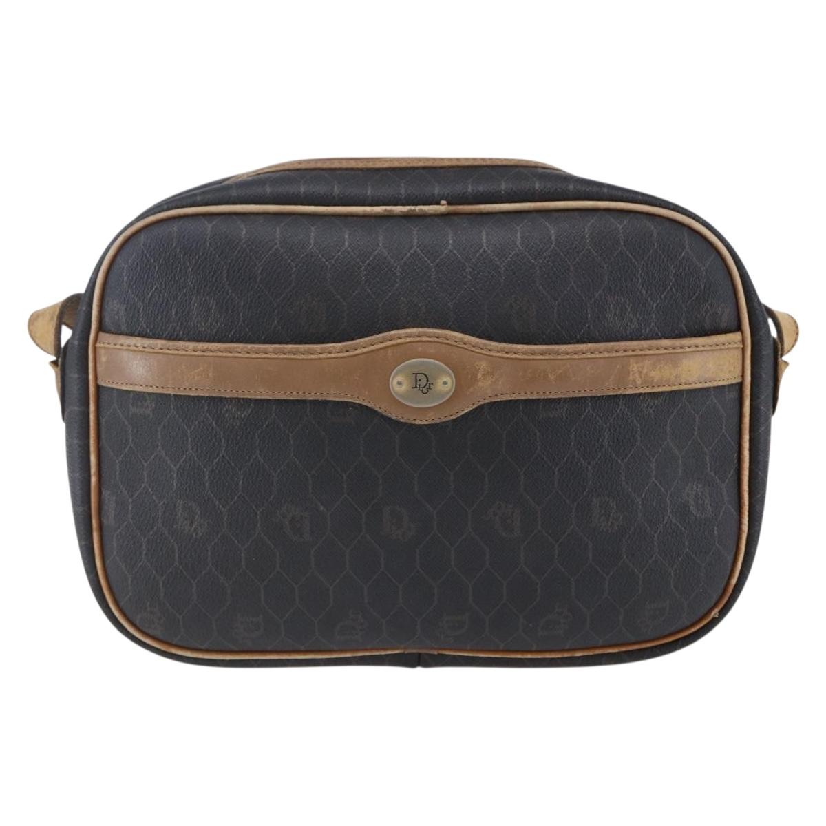 Christian Dior Honeycomb Canvas Shoulder Bag PVC Leather Black Auth BA6821