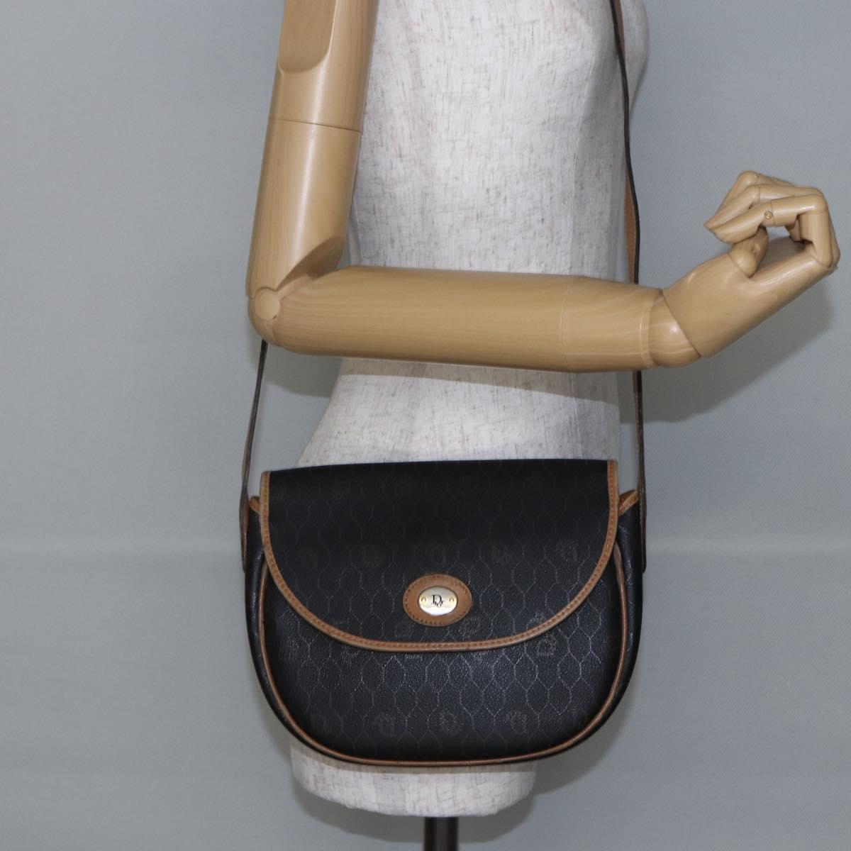 Christian Dior Honeycomb Canvas Shoulder Bag PVC Leather Black Auth BA6822