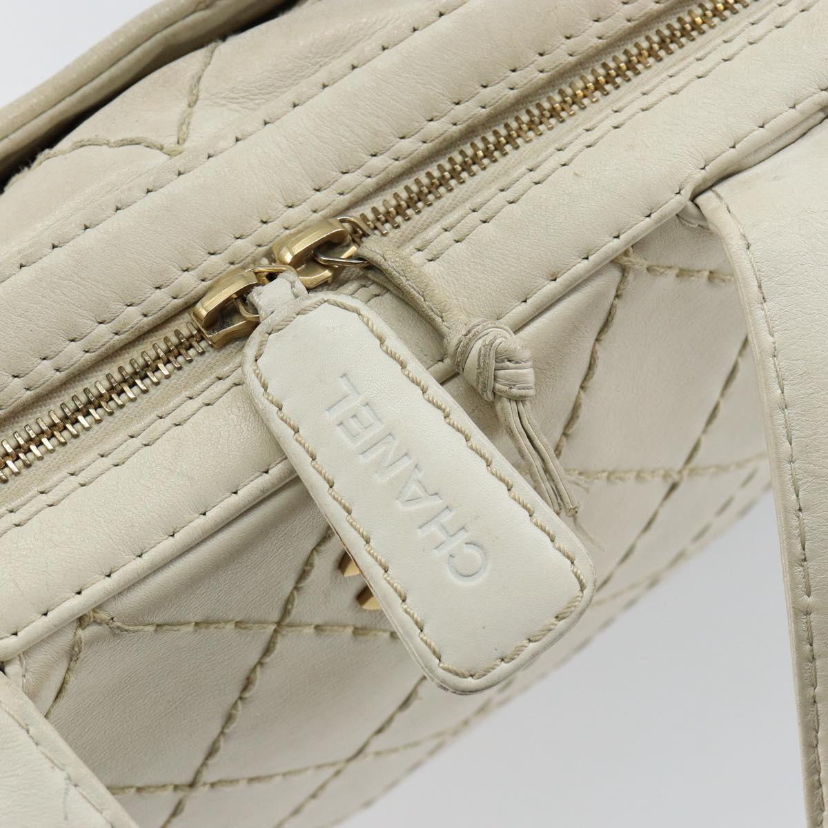 CHANEL Wild Stitch Hand Bag Leather White Gold CC Auth BA6858
