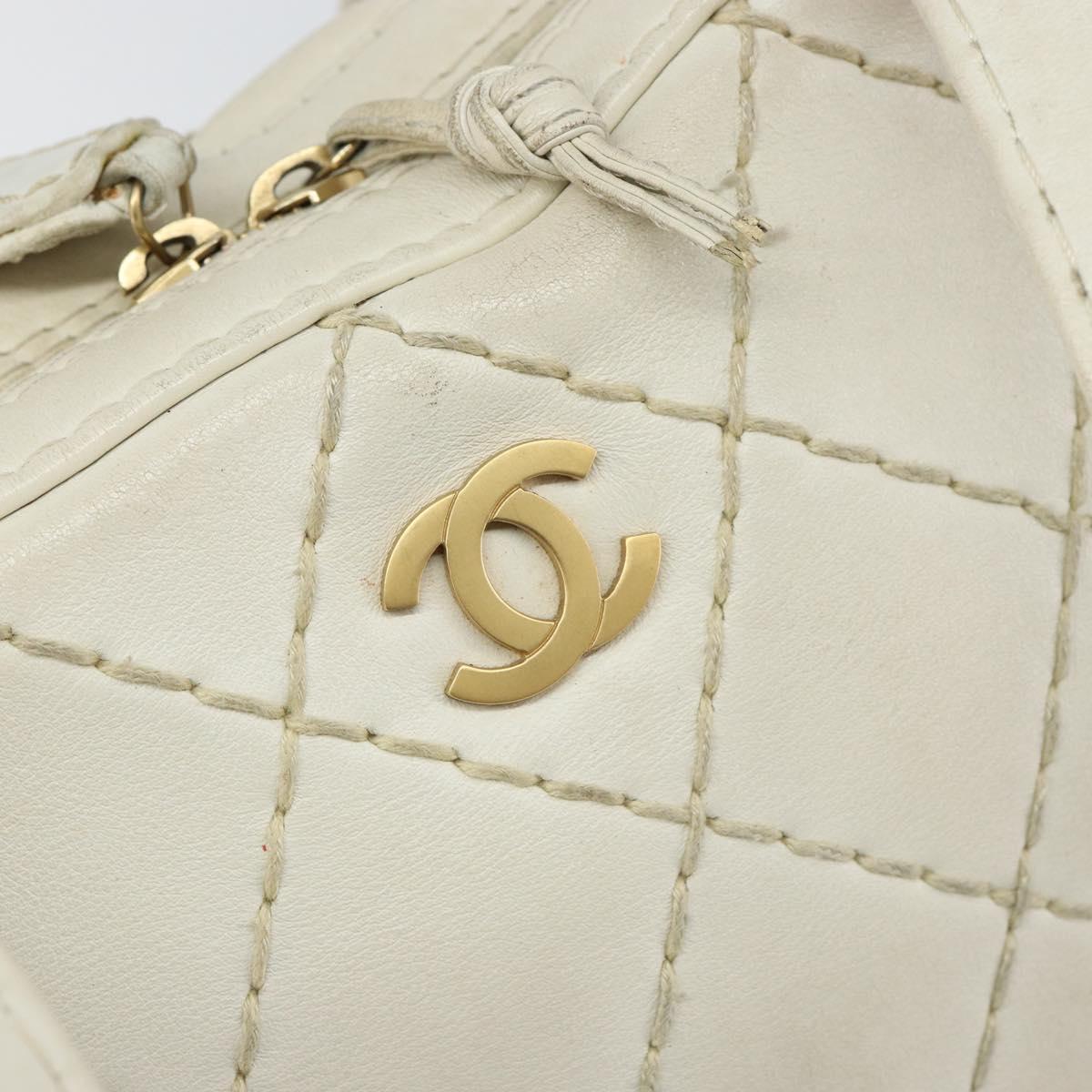 CHANEL Wild Stitch Hand Bag Leather White Gold CC Auth BA6858