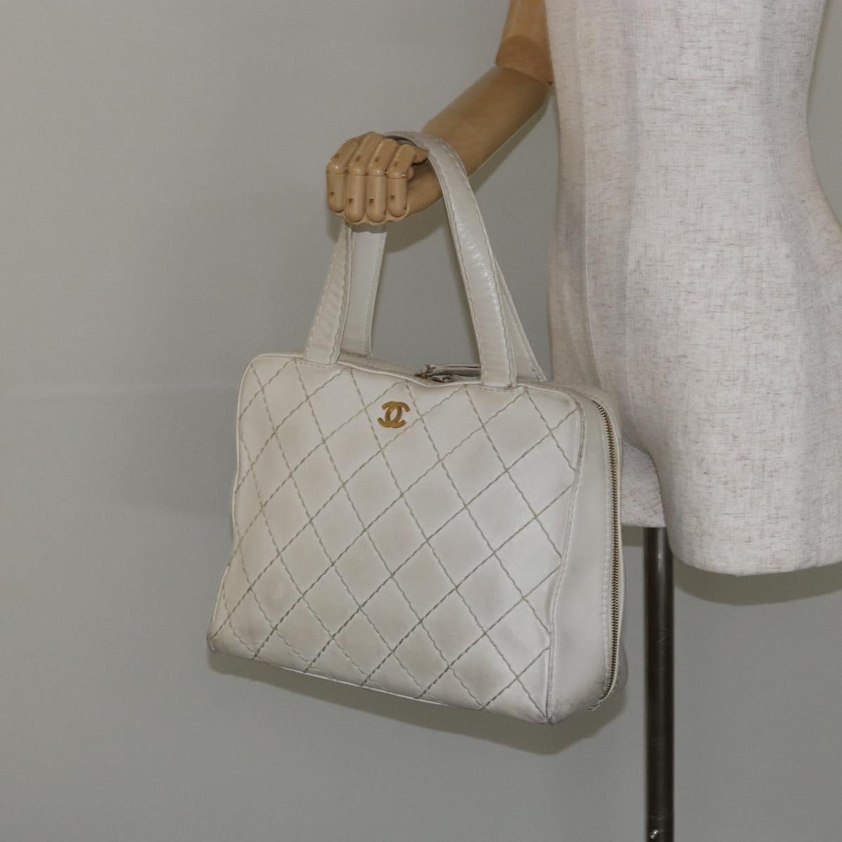 CHANEL Wild Stitch Hand Bag Leather White Gold CC Auth BA6858