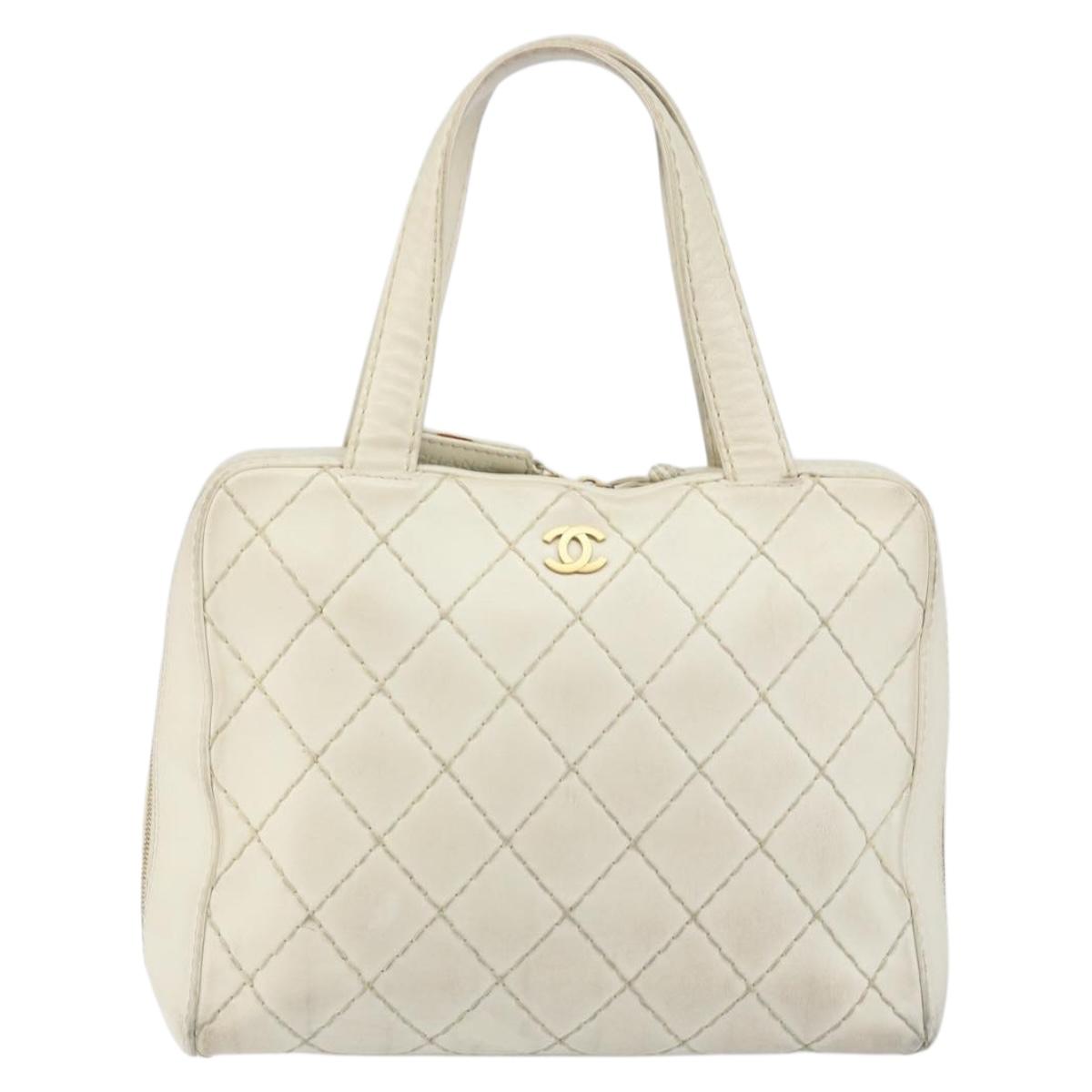 CHANEL Wild Stitch Hand Bag Leather White Gold CC Auth BA6858