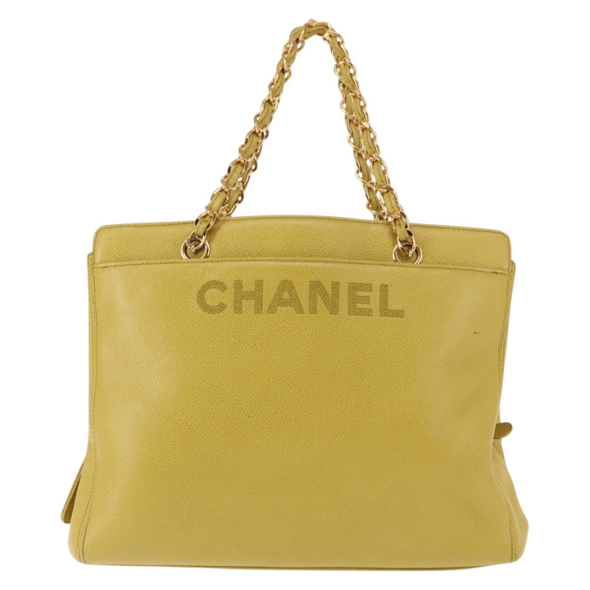 CHANEL Chain Hand Bag Caviar Skin Yellow Gold CC Auth BA6862