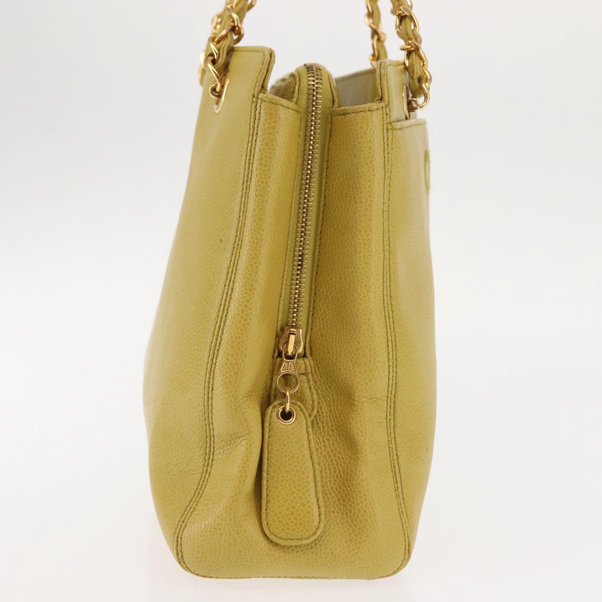 CHANEL Chain Hand Bag Caviar Skin Yellow Gold CC Auth BA6862