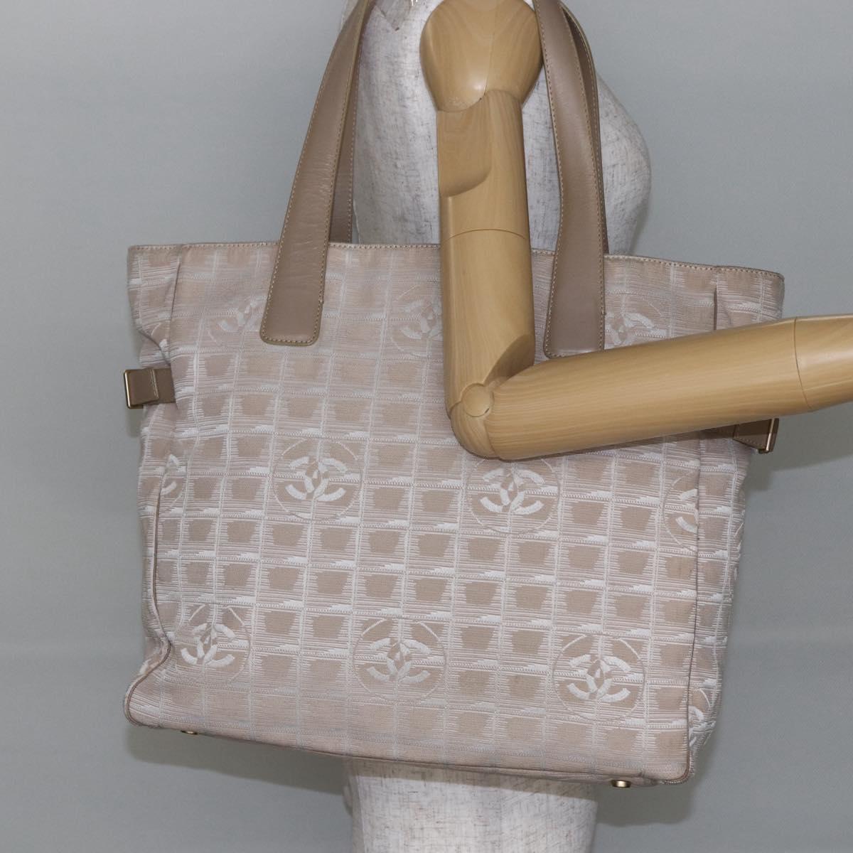 CHANEL New Travel Line Tote Bag Nylon Beige Gold CC Auth BA6873