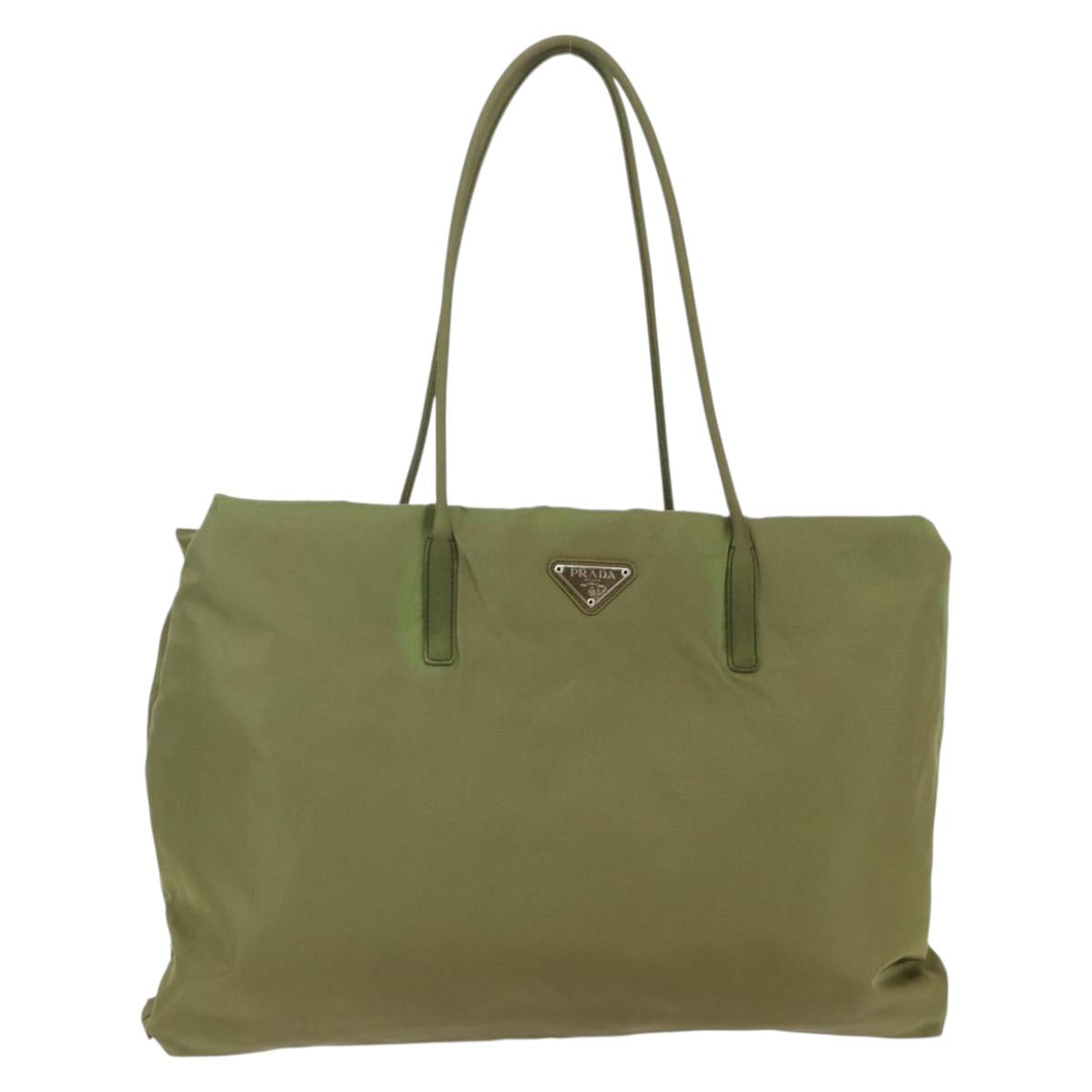 PRADA Tote Bag Nylon Khaki Silver Auth BA6878